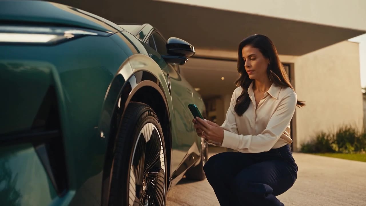 Pessoa fotografando o pneu de um carro estacionado